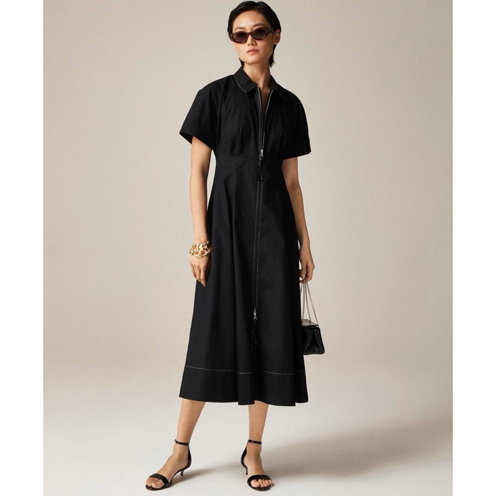 J.Crew Zip Up Shirtdress Womens 6 Black Midi Short Sleeve A-Lined Cotton Poplin